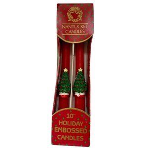 Vintage Nantucket Candles Embossed Red Taper Candles Christmas Trees 10”